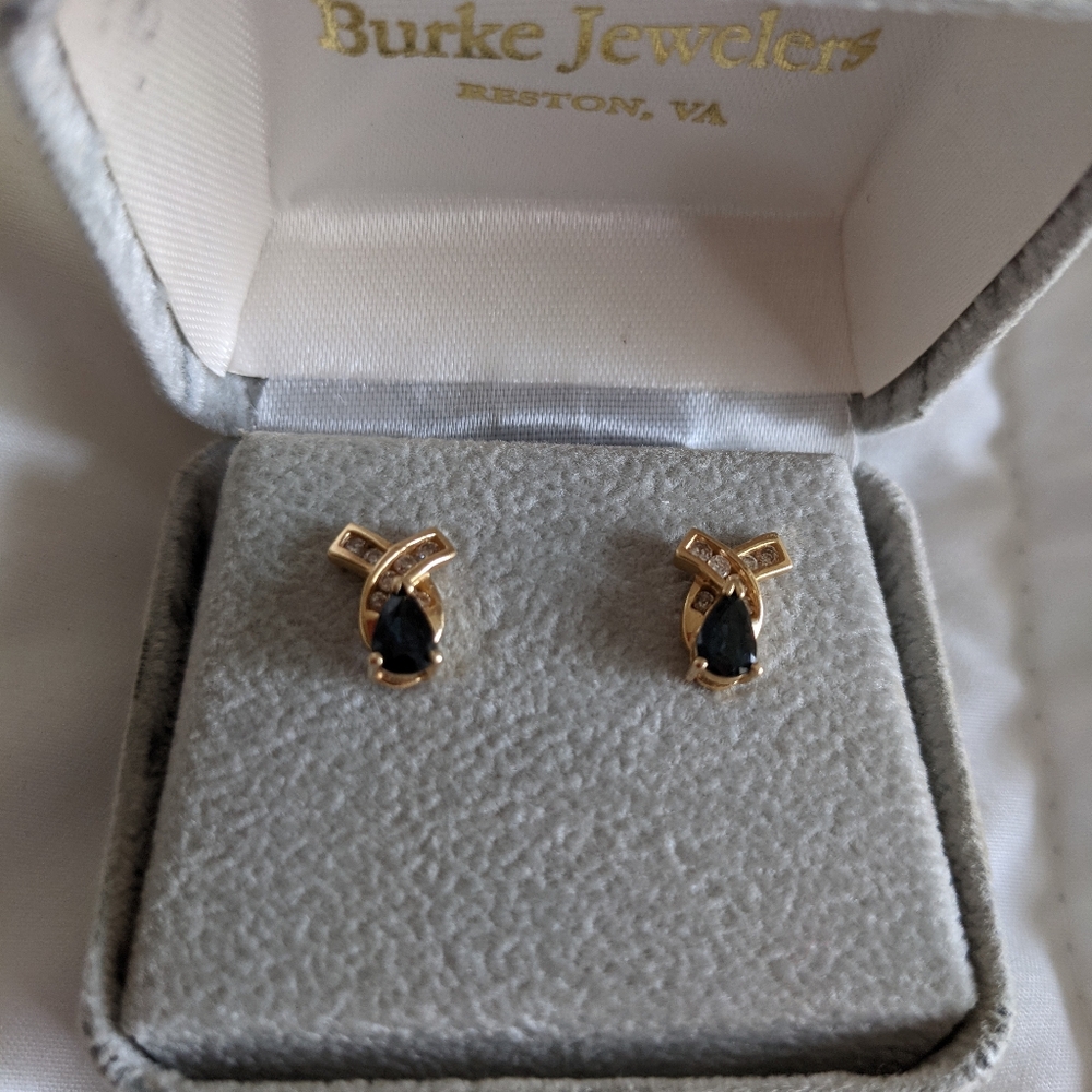 Genuine Blue Sapphire Earrings with Diamonds in Yellow Gold